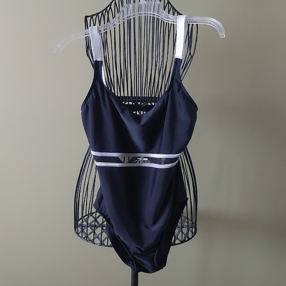 Speedo, Size 12, Dark Blue, and White Women's Swimsuit With Tummy Control.